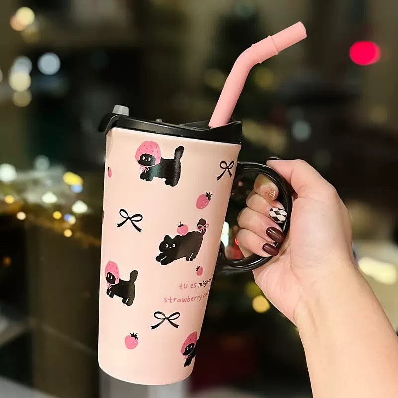 Black Cat Ceramic Cup with Lid & Straw – 520ML