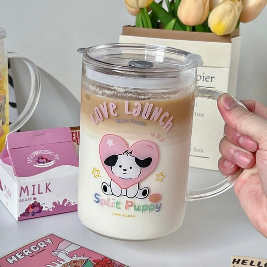 Lovely Puppy Glass Mug with Straw, 1000ML Capacity