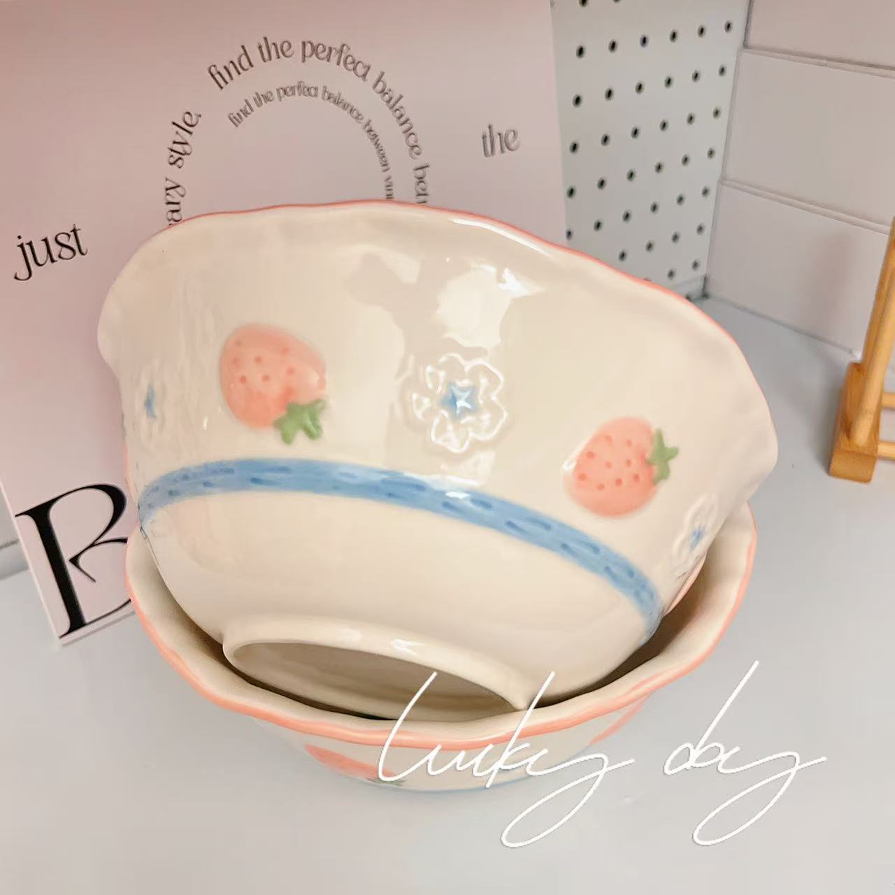 Pink Strawberry Ceramic Large Soup Bowl – 1100ML Capacity