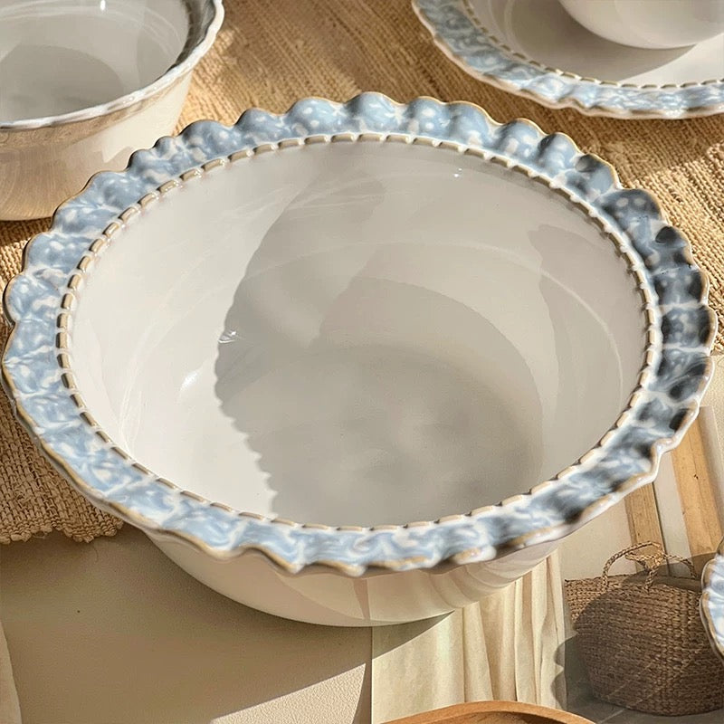 Vintage Smoky Blue Series Dinnerware Set – Rustic Ceramic Plates & Bowls