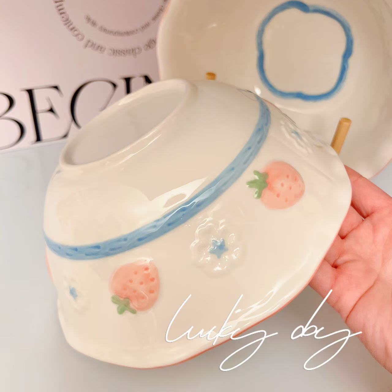 Pink Strawberry Ceramic Large Soup Bowl – 1100ML Capacity