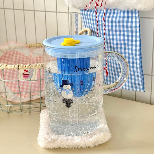 Blue Snowman Glass Cup with Straw & Tea Infuser - 1000ML