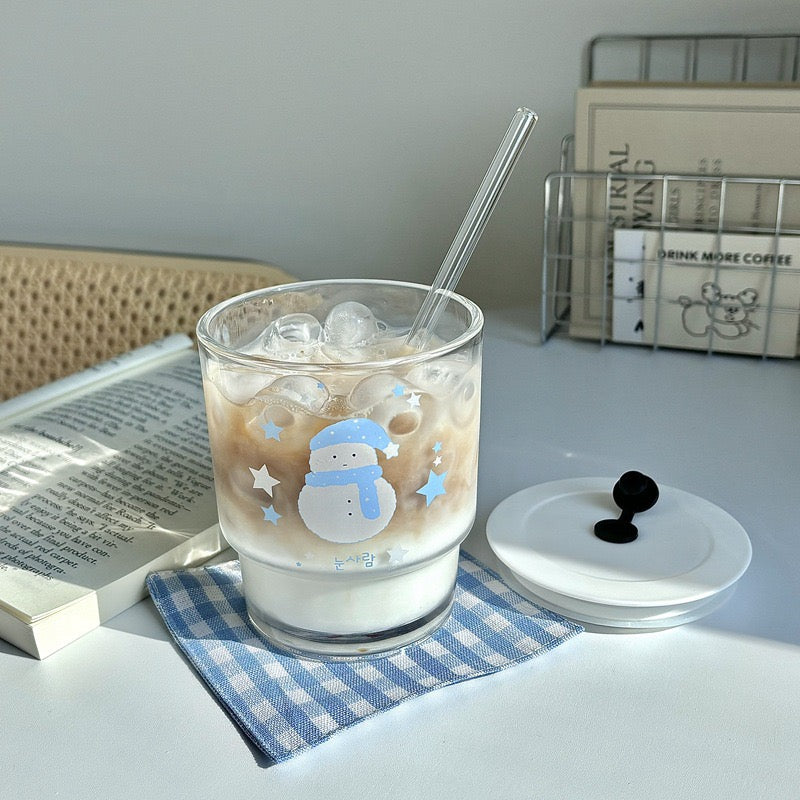 Cute Snowman Glass Cup with Straw – 350ML Capacity