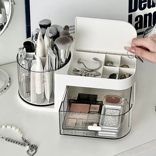 Space-Saving Cosmetic Storage Box with Jewelry Drawer and Rotating Brush Holder