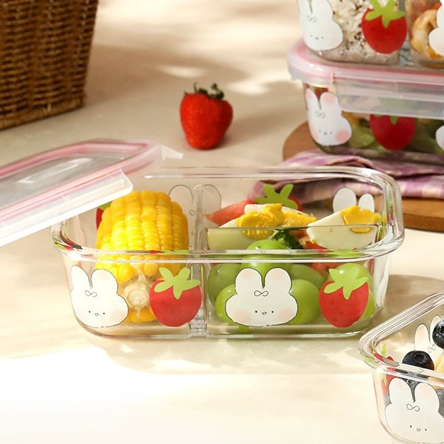 Strawberry Bunny Glass Food Container - 850ML Bento Box