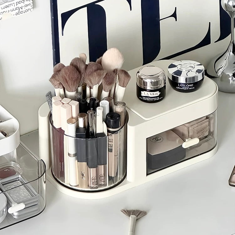 Space-Saving Cosmetic Storage Box with Jewelry Drawer and Rotating Brush Holder