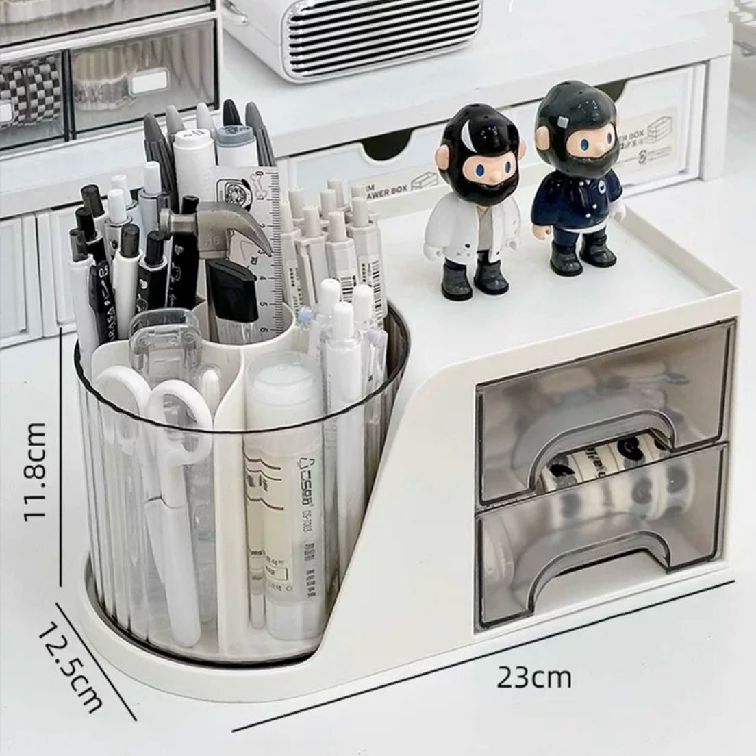 Cream-Colored Rotating Pen Holder with Storage Drawers - 360-Degree Spin, Desk Organizer