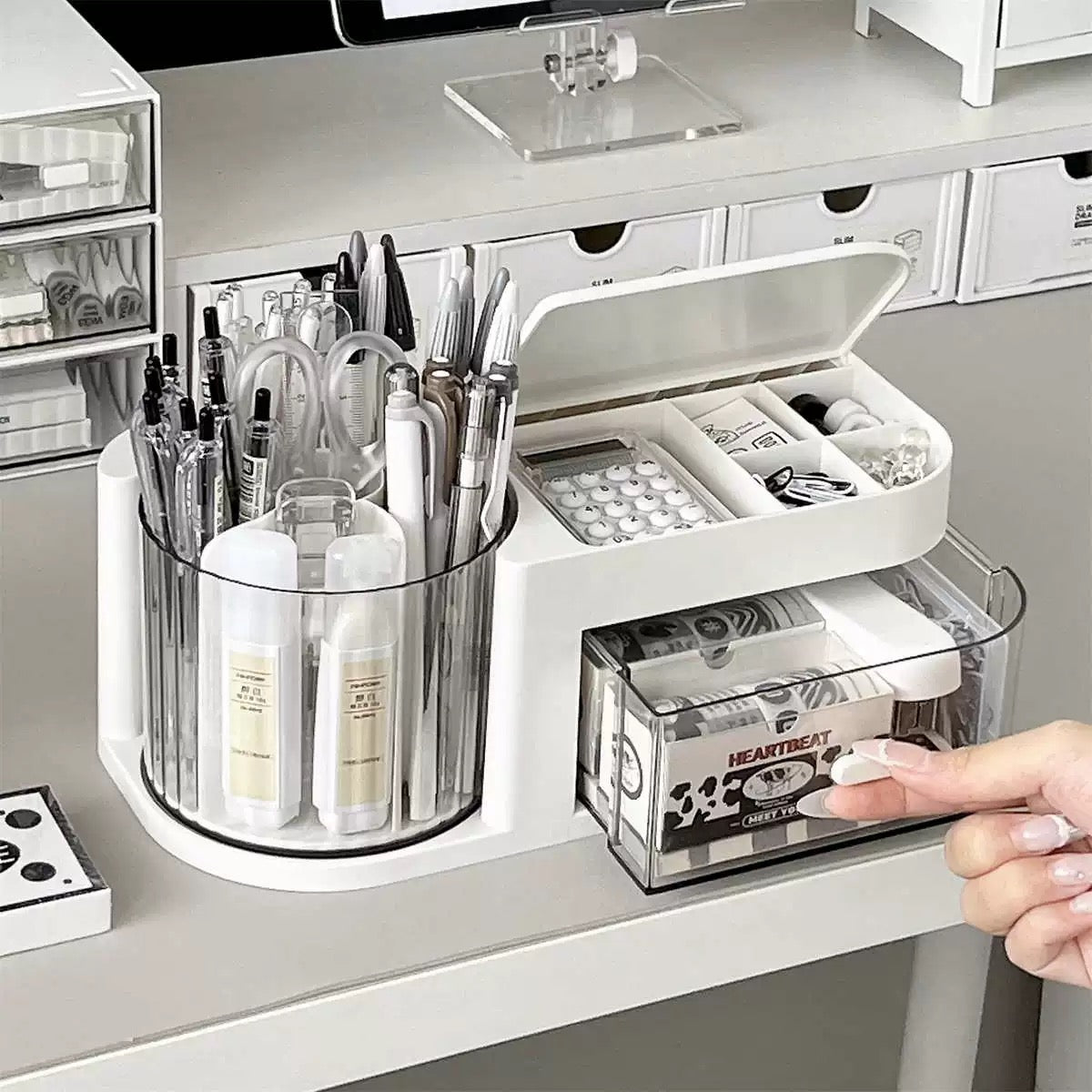 Space-Saving Cosmetic Storage Box with Jewelry Drawer and Rotating Brush Holder