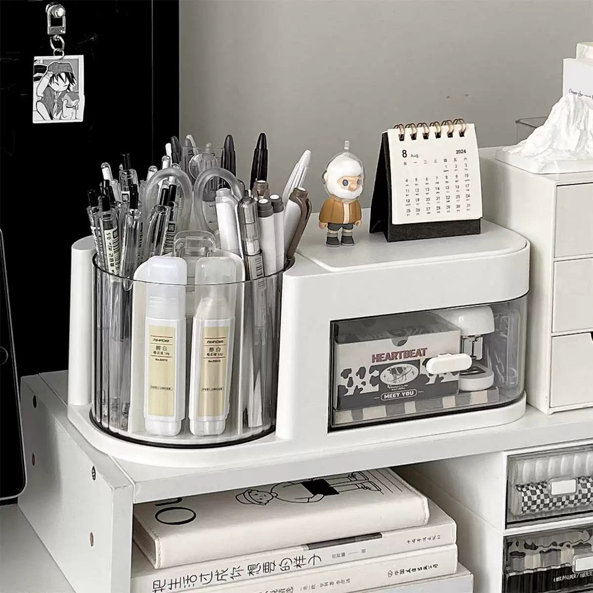 Space-Saving Cosmetic Storage Box with Jewelry Drawer and Rotating Brush Holder
