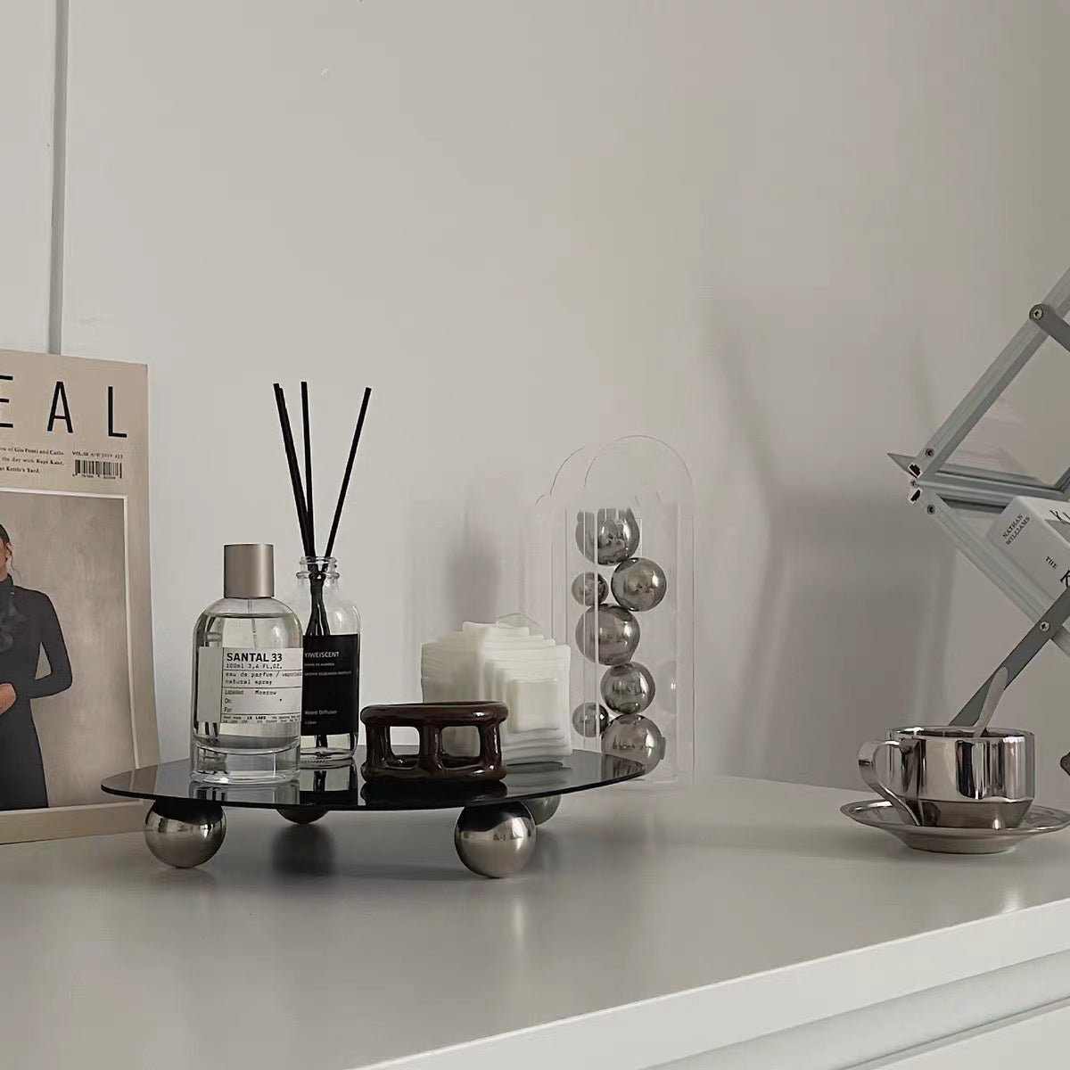 Chic Black Acrylic Perfume Storage Tray with Silver Ball Feet