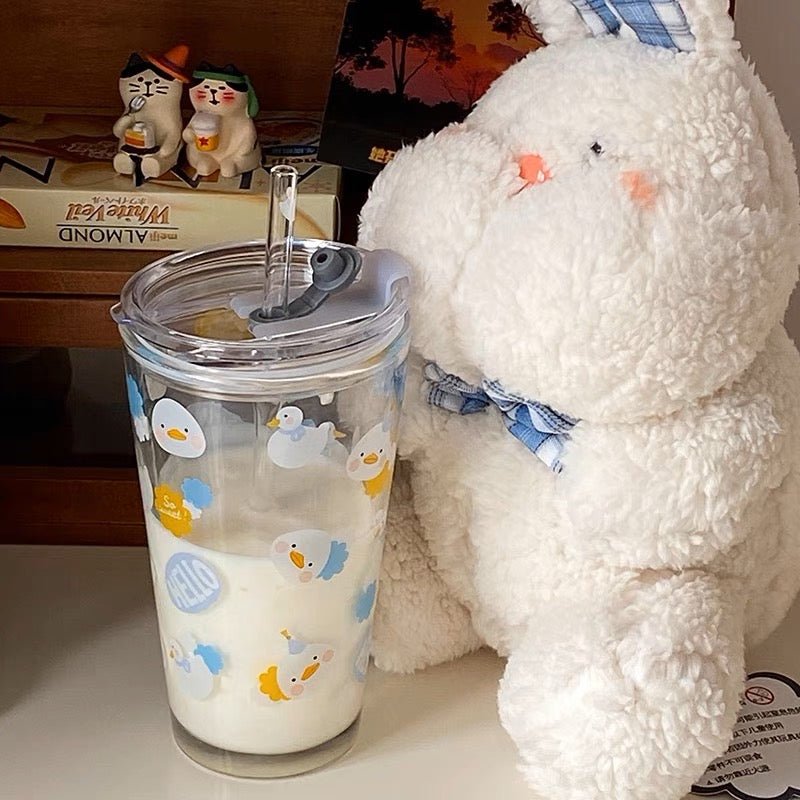 Adorable Duck Glass Straw Cup | Portable and Compact, 400ML Capacity