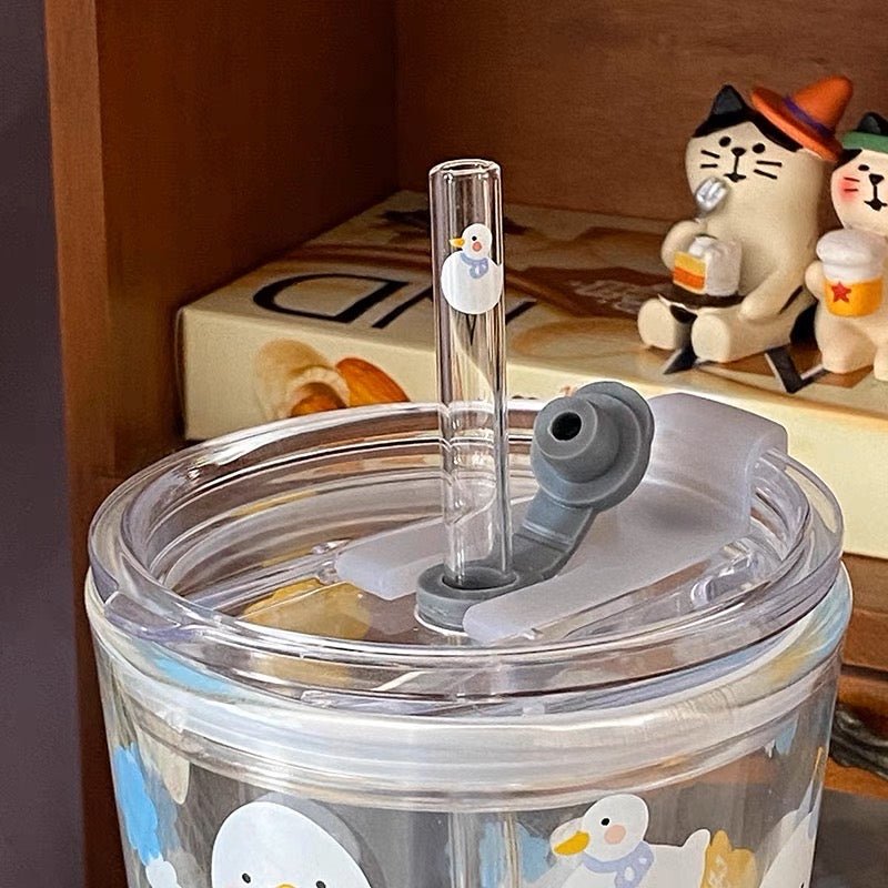 Adorable Duck Glass Straw Cup | Portable and Compact, 400ML Capacity