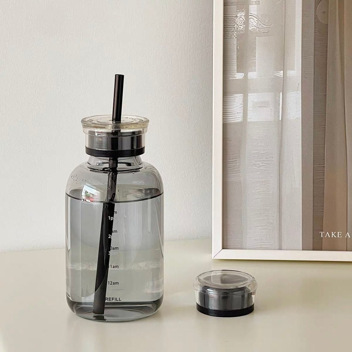 Black Color Time Scale Double-Lid Straw Cup, 450ML/750ML Capacity