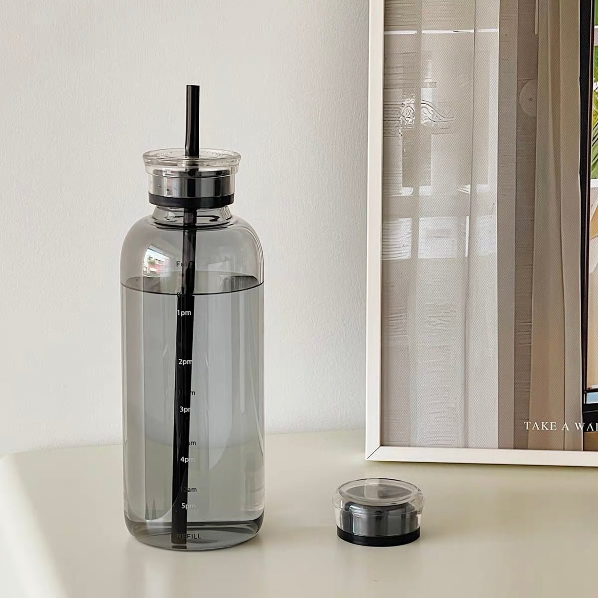 Black Color Time Scale Double-Lid Straw Cup, 450ML/750ML Capacity