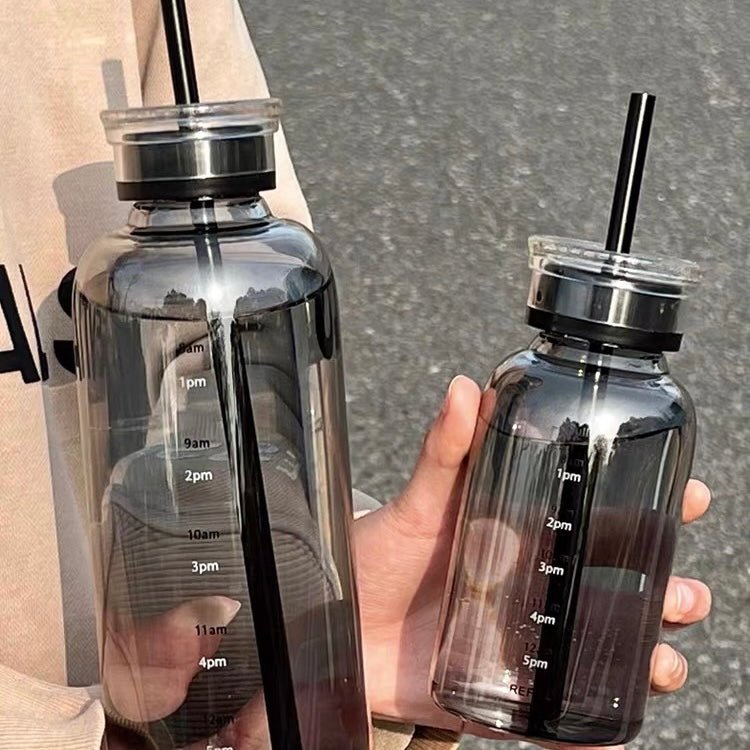 Black Color Time Scale Double-Lid Straw Cup, 450ML/750ML Capacity