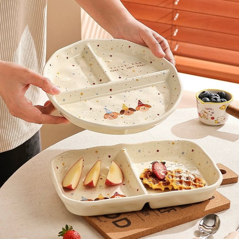 Charming Handcrafted Party Puppy Breakfast Ceramic Divided Plates | Unique Kitchen Dining Decor