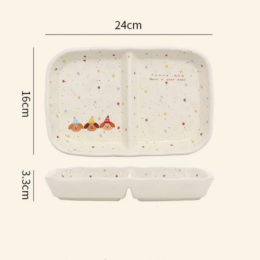 Charming Handcrafted Party Puppy Breakfast Ceramic Divided Plates | Unique Kitchen Dining Decor
