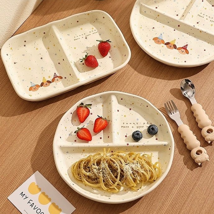 Charming Handcrafted Party Puppy Breakfast Ceramic Divided Plates | Unique Kitchen Dining Decor