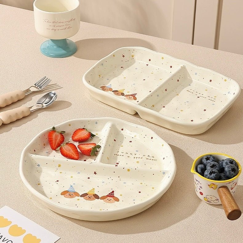 Charming Handcrafted Party Puppy Breakfast Ceramic Divided Plates | Unique Kitchen Dining Decor
