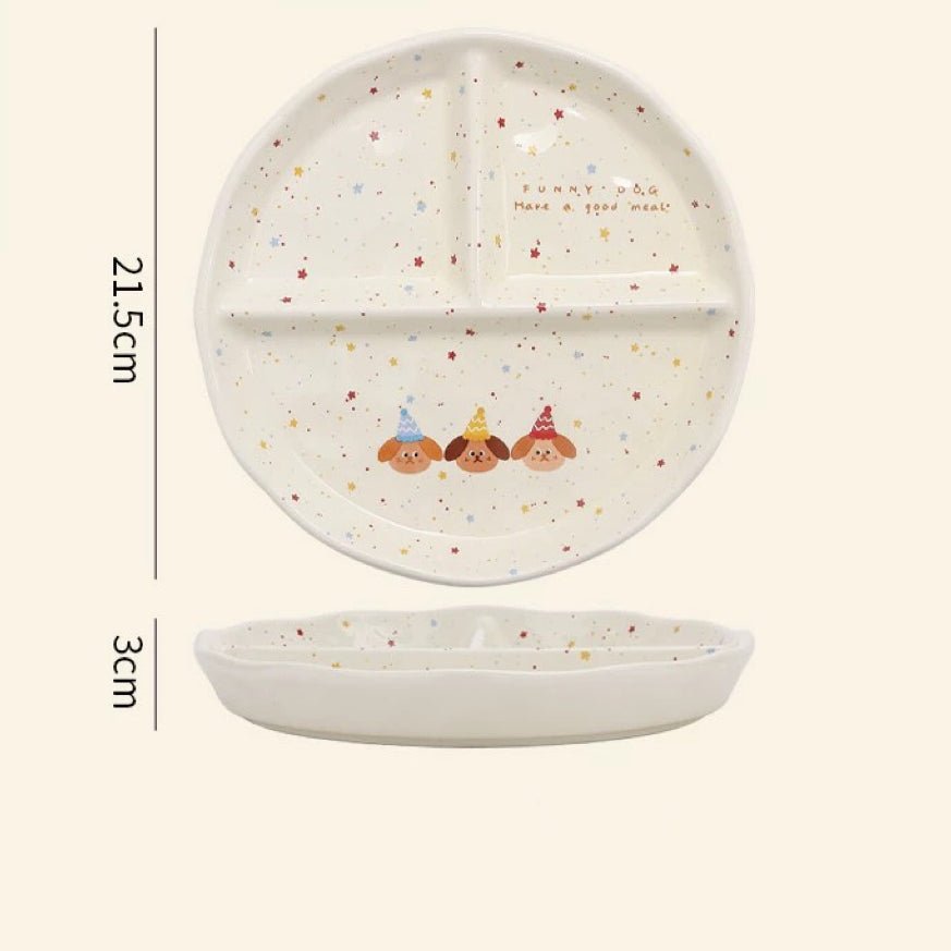 Charming Handcrafted Party Puppy Breakfast Ceramic Divided Plates | Unique Kitchen Dining Decor