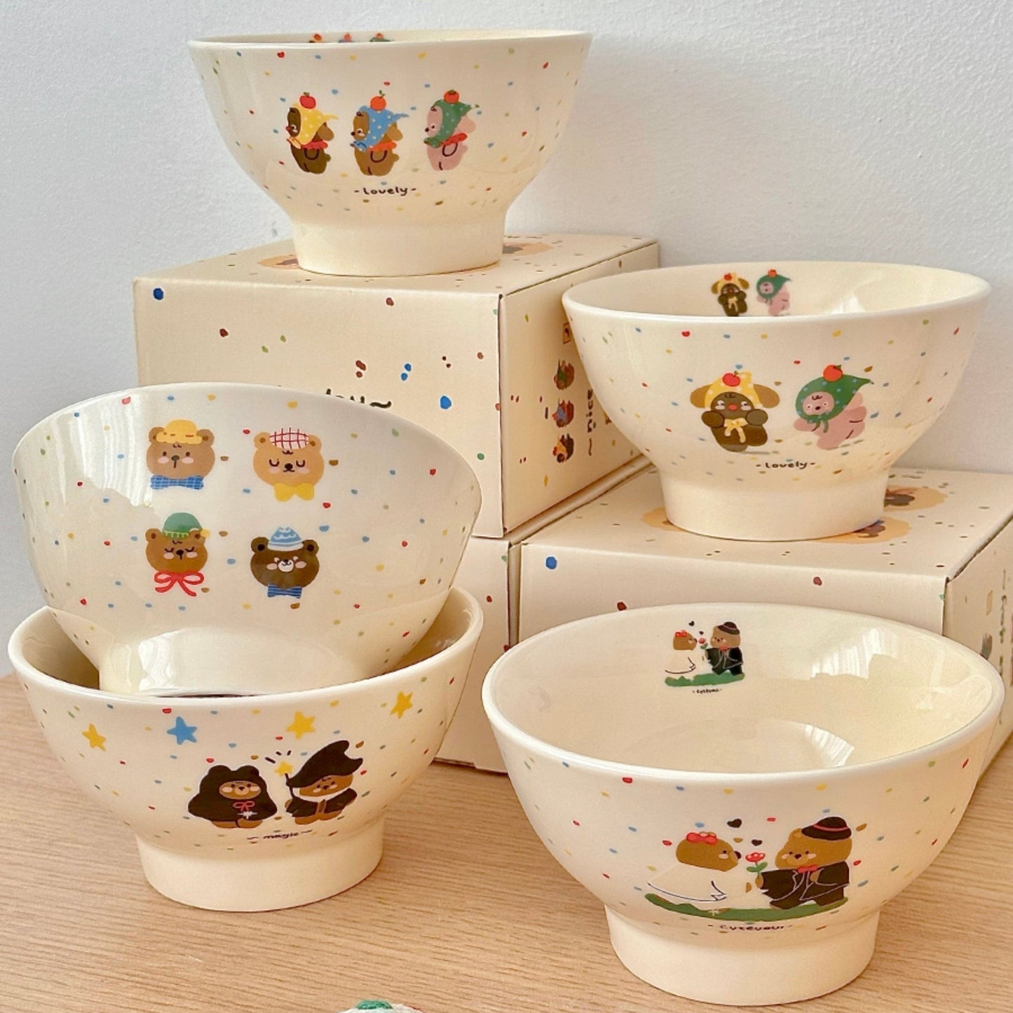 Creamy White Bear Tall Rice Bowl Set