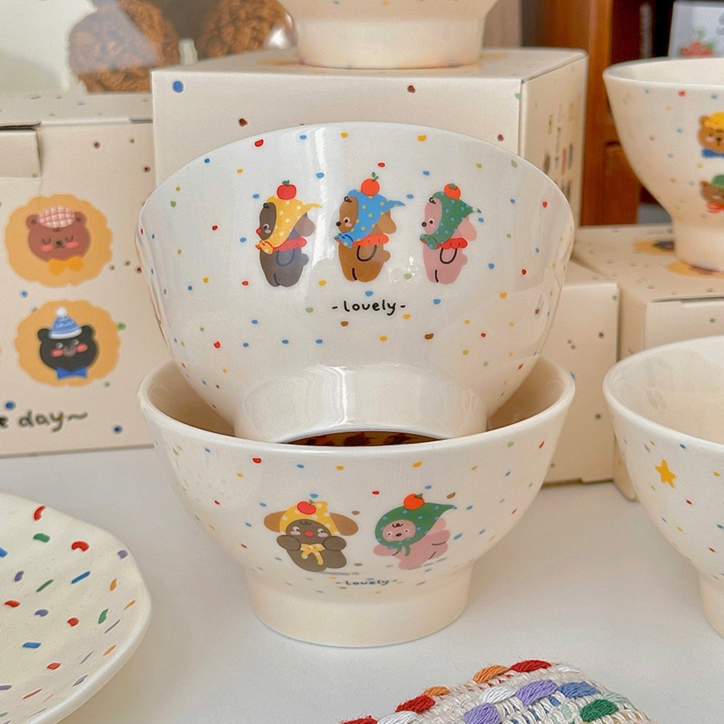 Creamy White Bear Tall Rice Bowl Set