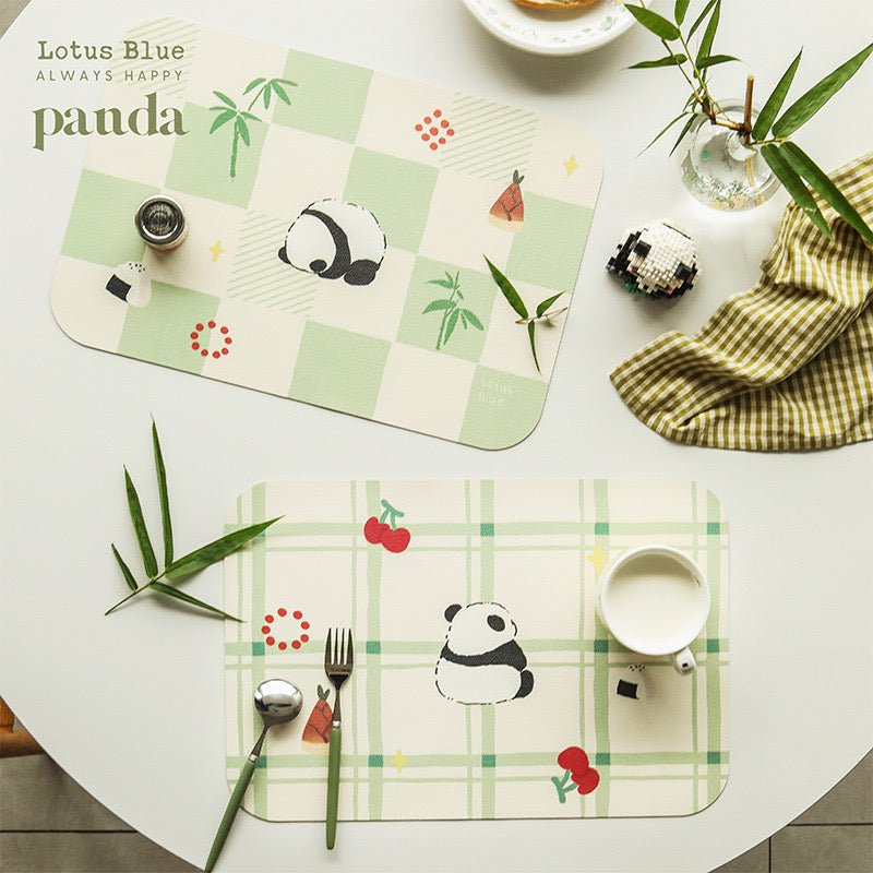 Cute Panda Checkerboard Pattern Leather Dining Table Mat | Waterproof, Oil-Resistant, 45x30cm - Wuli Home