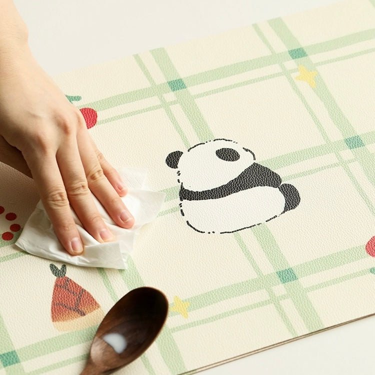 Cute Panda Checkerboard Pattern Leather Dining Table Mat | Waterproof, Oil-Resistant, 45x30cm - Wuli Home