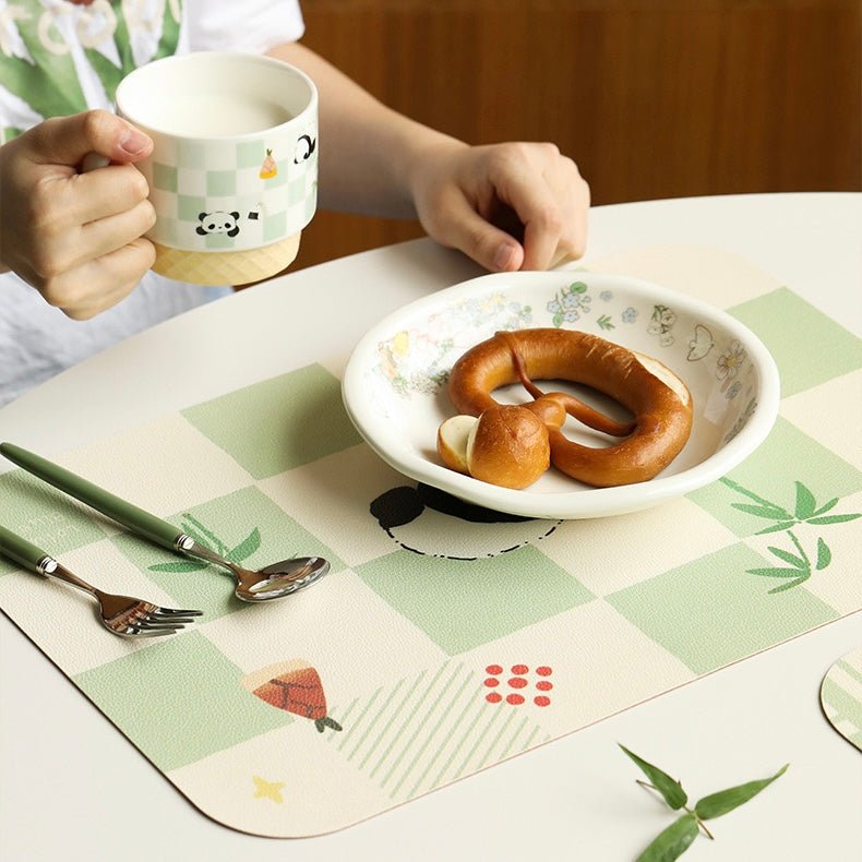 Cute Panda Checkerboard Pattern Leather Dining Table Mat | Waterproof, Oil-Resistant, 45x30cm - Wuli Home