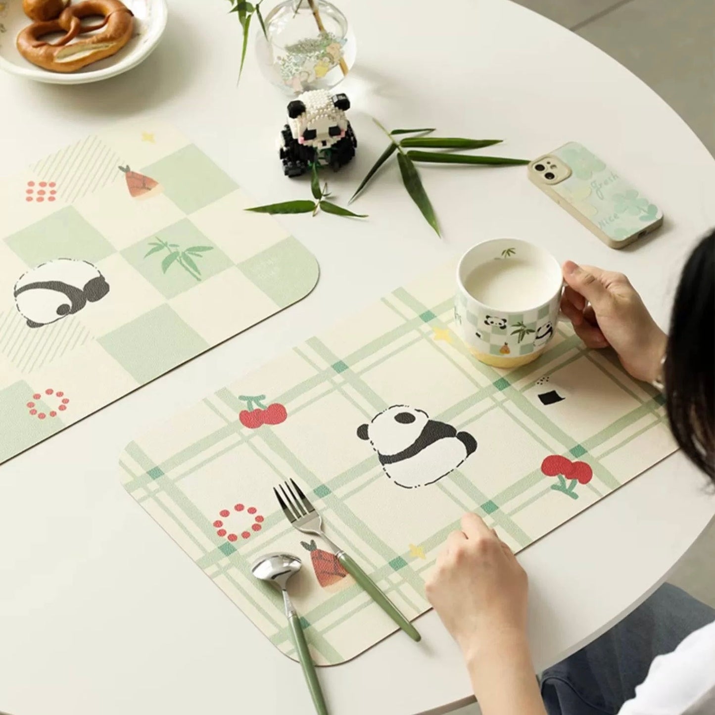 Cute Panda Checkerboard Pattern Leather Dining Table Mat | Waterproof, Oil-Resistant, 45x30cm - Wuli Home