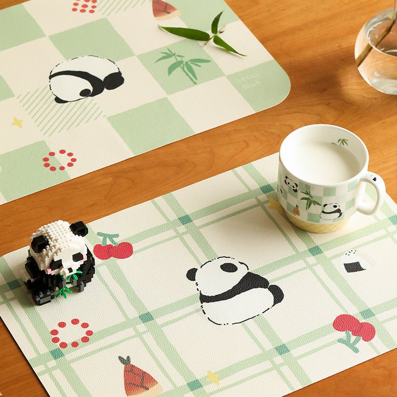 Cute Panda Checkerboard Pattern Leather Dining Table Mat | Waterproof, Oil-Resistant, 45x30cm - Wuli Home