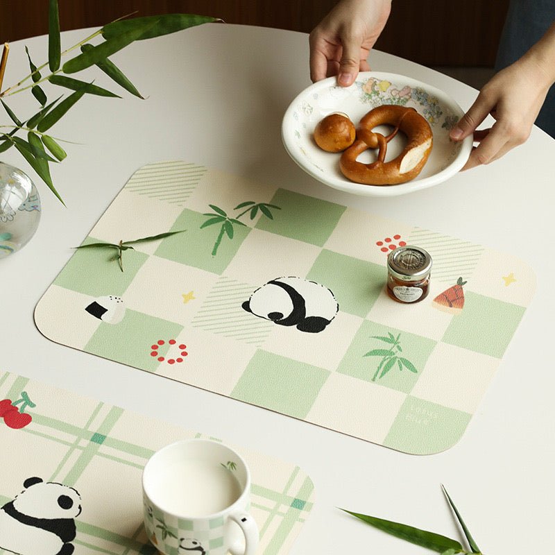 Cute Panda Checkerboard Pattern Leather Dining Table Mat | Waterproof, Oil-Resistant, 45x30cm - Wuli Home