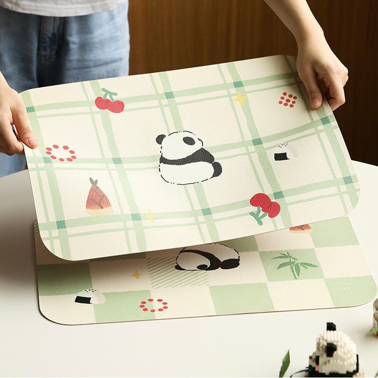 Cute Panda Checkerboard Pattern Leather Dining Table Mat | Waterproof, Oil-Resistant, 45x30cm - Wuli Home