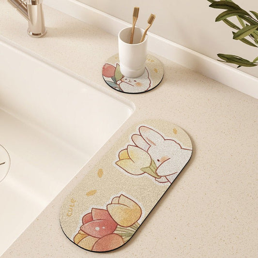 Floral Bunny Kitchen Draining Mat Set - Four-Piece Bundle - Wuli Home