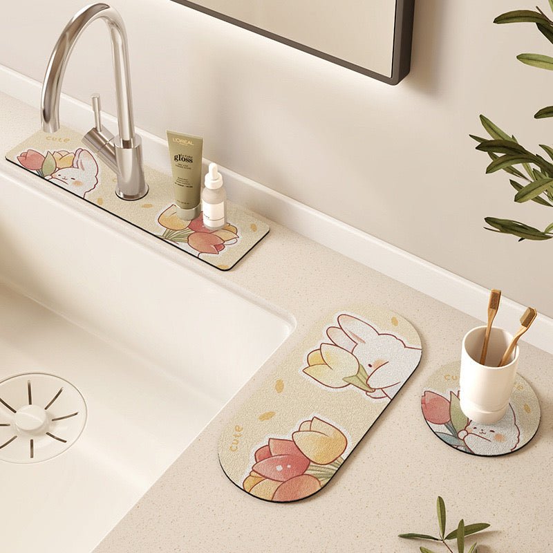 Floral Bunny Kitchen Draining Mat Set - Four-Piece Bundle - Wuli Home