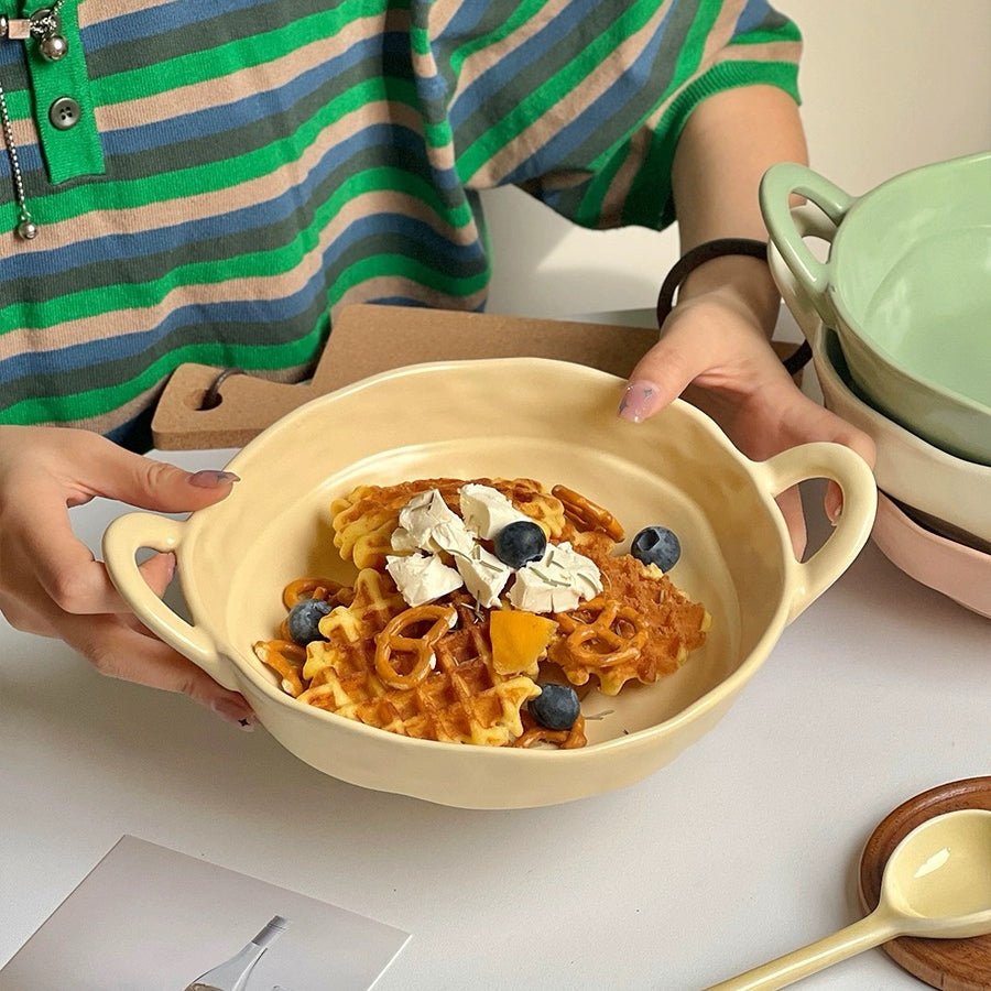 Macaron-Colored Ceramic Bowl with Double Handle - Four Colors Available - Wuli Home
