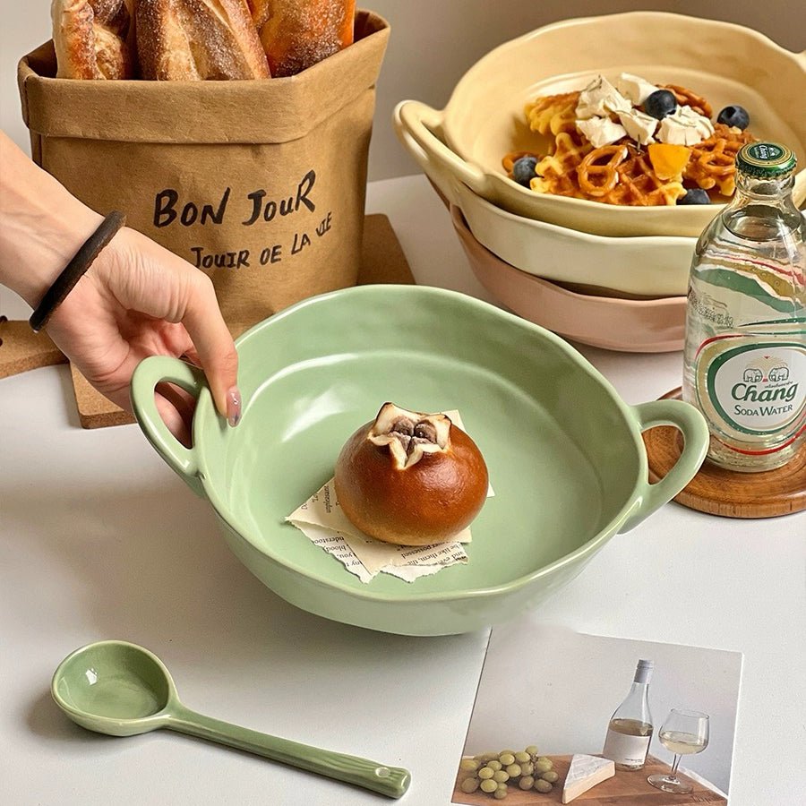Macaron-Colored Ceramic Bowl with Double Handle - Four Colors Available - Wuli Home