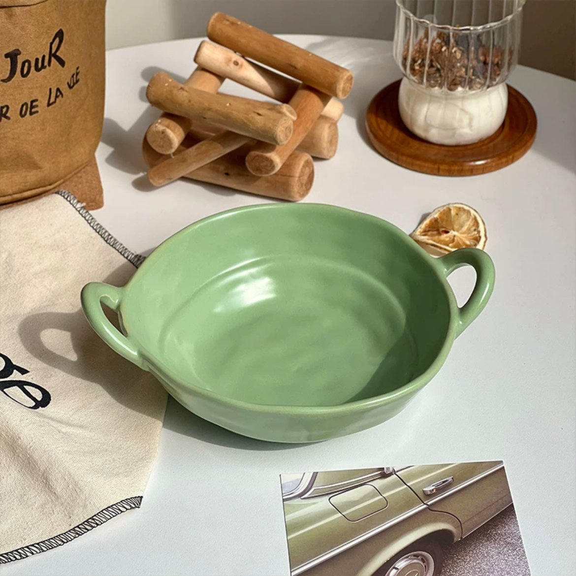 Macaron-Colored Ceramic Bowl with Double Handle - Four Colors Available - Wuli Home