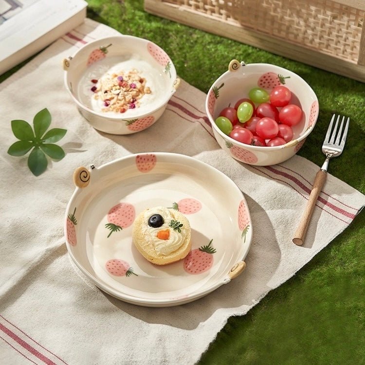 Strawberry & Snail Series Ceramic Dinnerware Set - Adorable Design with Strawberry Patterns - Wuli Home