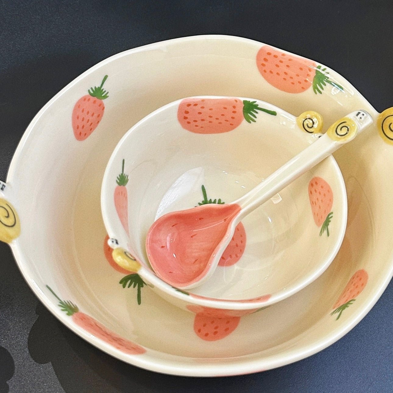 Strawberry & Snail Series Ceramic Dinnerware Set - Adorable Design with Strawberry Patterns - Wuli Home