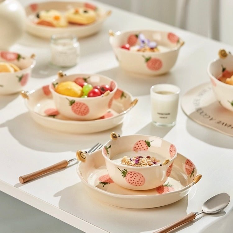 Strawberry & Snail Series Ceramic Dinnerware Set - Adorable Design with Strawberry Patterns - Wuli Home