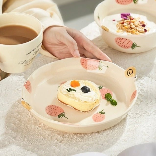 Strawberry & Snail Series Ceramic Dinnerware Set - Adorable Design with Strawberry Patterns - Wuli Home