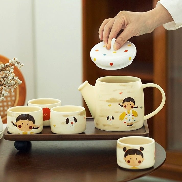 Vintage Comic Girl Tea Set Gift Box | One Pot Four Cups | Housewarming & Birthday Gift - Wuli Home