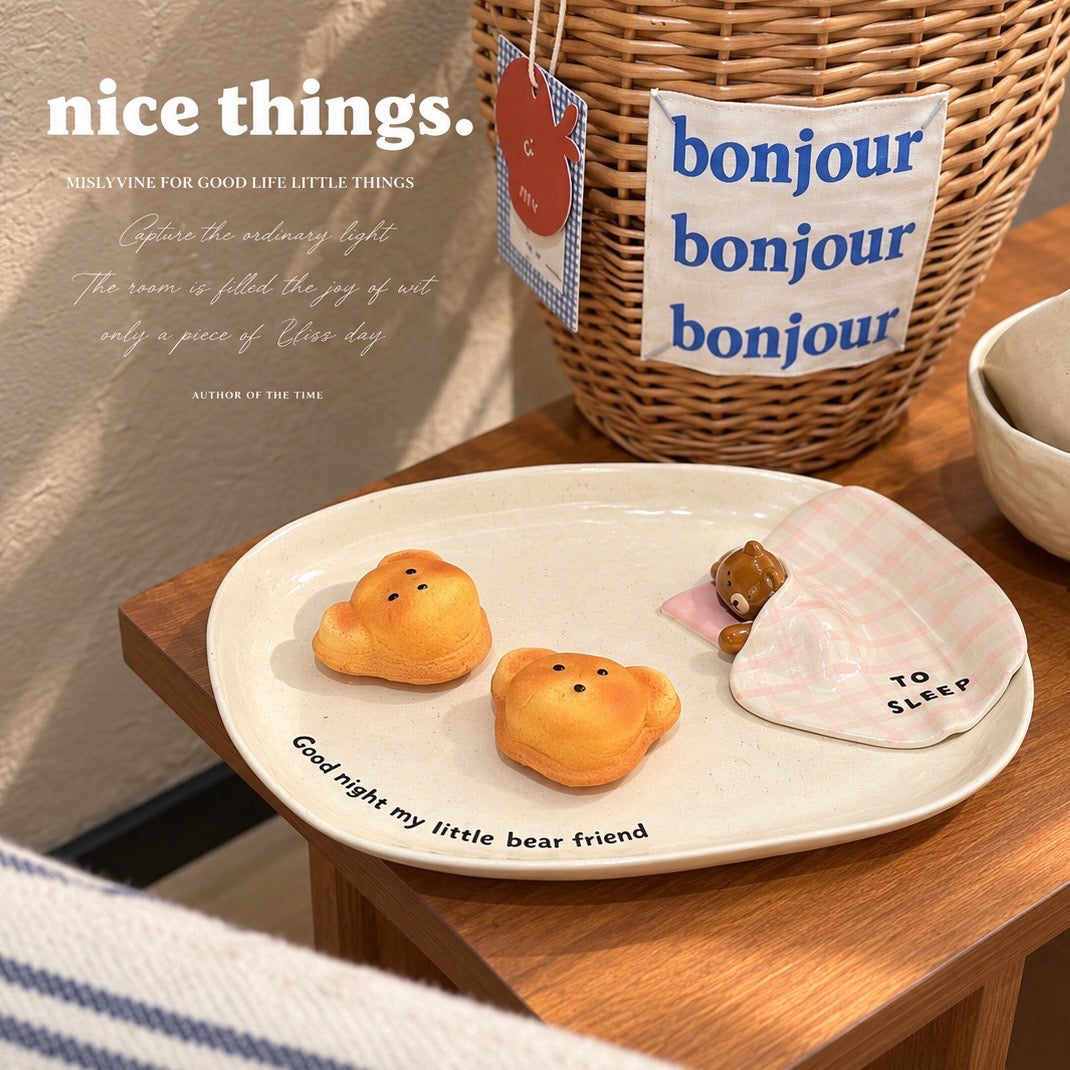 Goodnight Bear Hand-Painted Ceramic Oval Plate, 9.6-Inch