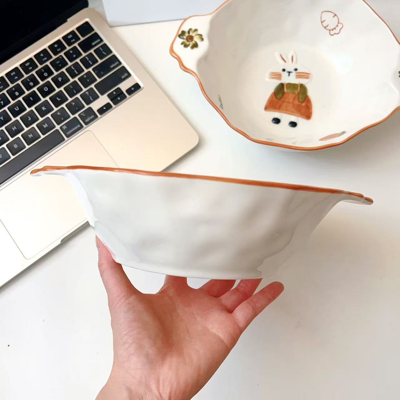 Hand-Painted Rabbit Double-Handle Ceramic Bowl – 750ML