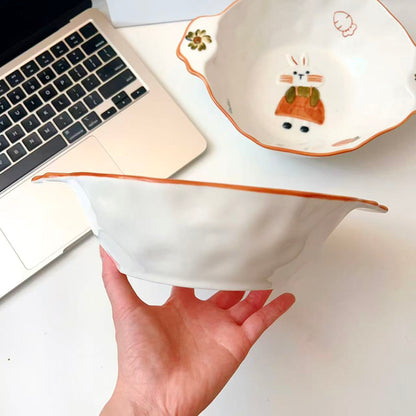 Hand-Painted Rabbit Double-Handle Ceramic Bowl – 750ML