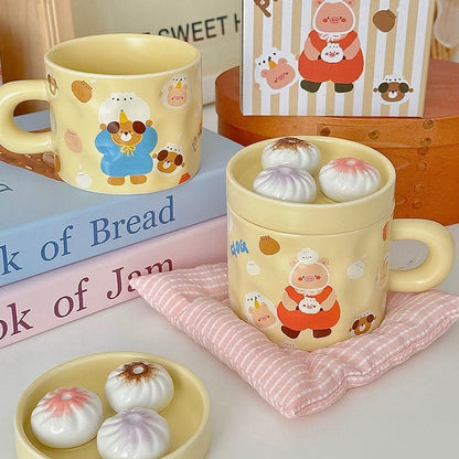 Cute Piggy Ceramic Coffee Mug with Soup Dumpling Lid – 300ML Capacity