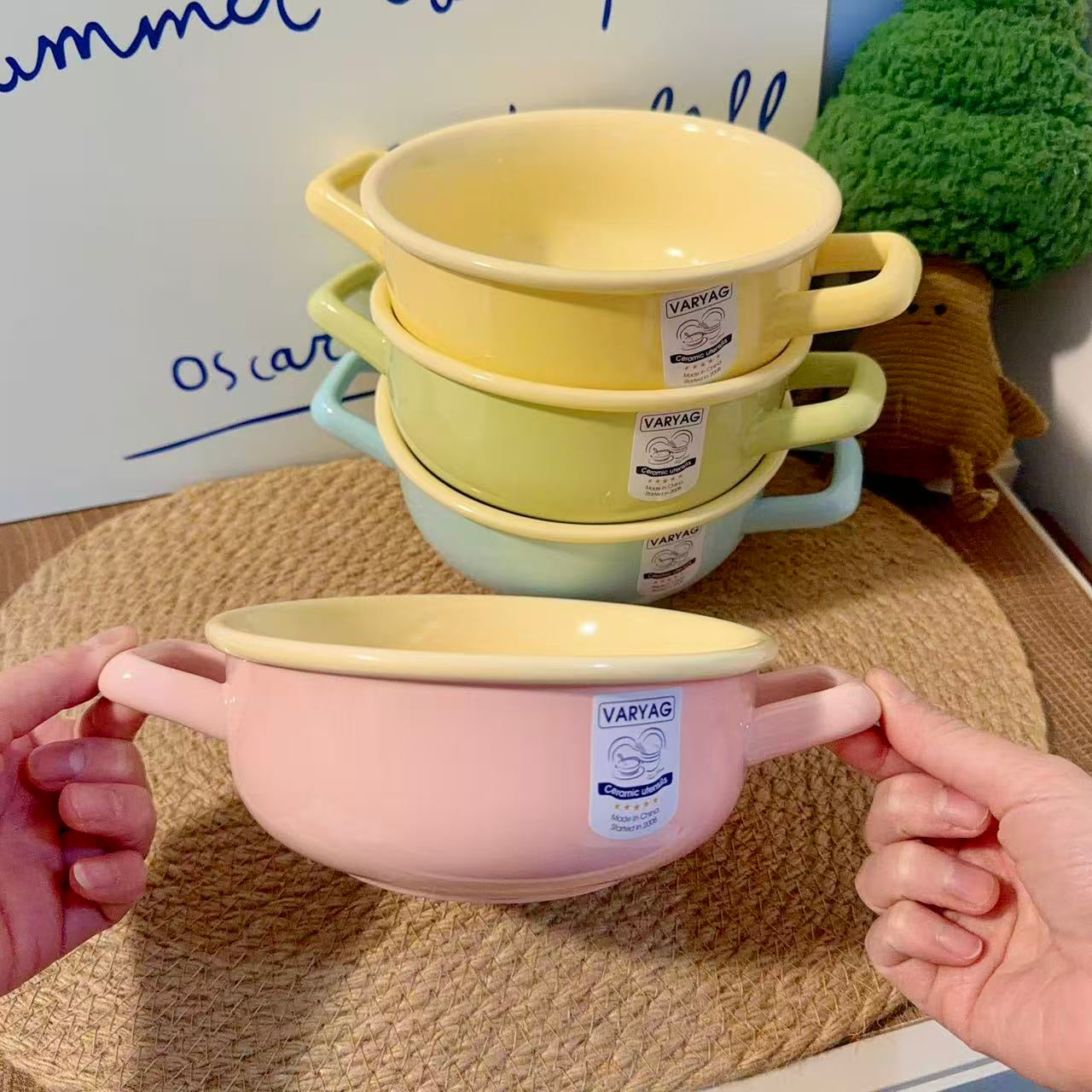 Pastel Color Ceramic Bowl with Handles - 650ML