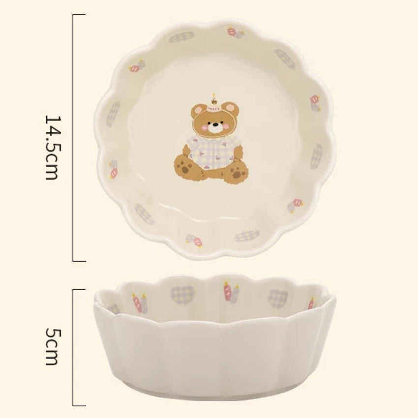 Adorable Bear Pattern Ceramic Salad Bowl | Lace-Like Design, Underglaze Technique