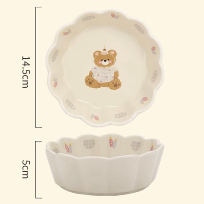 Adorable Bear Pattern Ceramic Salad Bowl | Lace-Like Design, Underglaze Technique